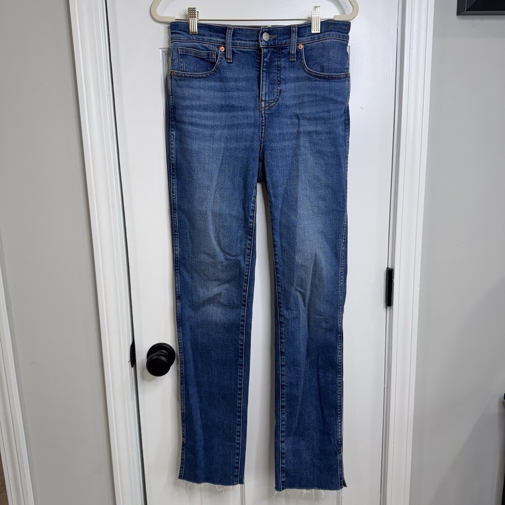 Madewell Mid-Rise Stovepipe Jeans Womens 26 Blue Straight Leg Raw Hem Stretch